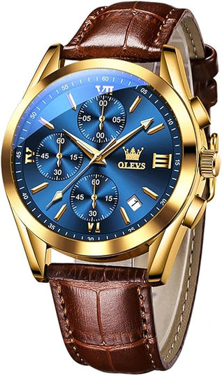 OLEVS Men's Watches Leather Strap Analog Quartz Watch, Fashion Big Dial Date Waterproof Watch, Dress Luxury Luminous Men Watches