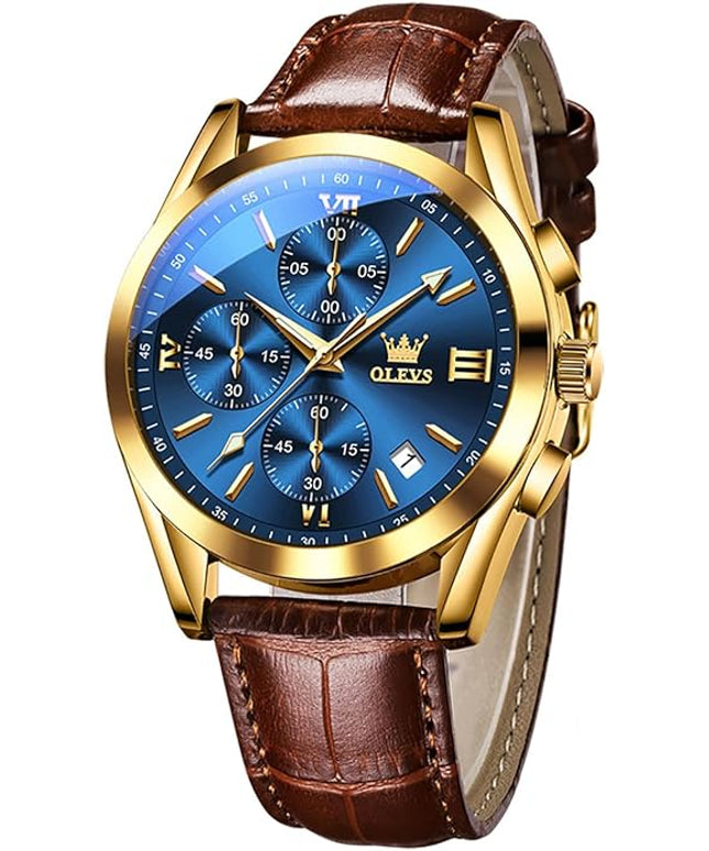 OLEVS Men's Watches Leather Strap Analog Quartz Watch, Fashion Big Dial Date Waterproof Watch, Dress Luxury Luminous Men Watches