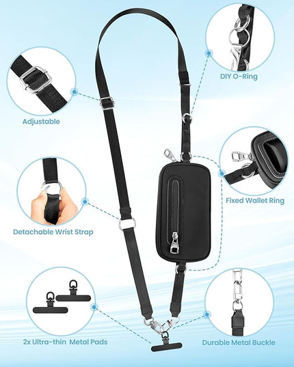Clip and Go Strap for Phone with Wallet Crossbody, Adjustable Neck Lanyard, Detachable Wristlet Wallet with Zipper Phone Screen ID Window, 2x Tether Tabs Compatibe for iPhone & Most Cellphones Black