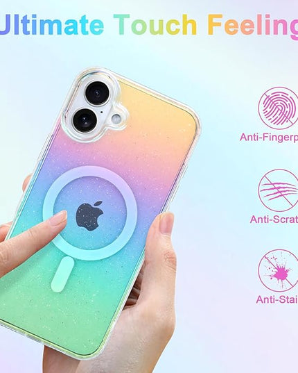 Glitter Case for iPhone 16 Case for Women Girls [ Compatible with Magsafe ] Clear Cute Girly Aesthetic Iridescent Rainbow Sparkly Bling Magnetic Phone Cover, Gradient Blue & Pink