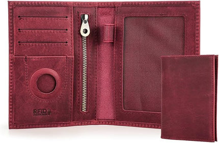 CONTACTS Full Grain Leather Passport Holder RFID Blocking Travel Passport Wallet Compatible with Airtag Passport Cover Case with 4 Cards Slots, Coin Pocket (Wine Red)