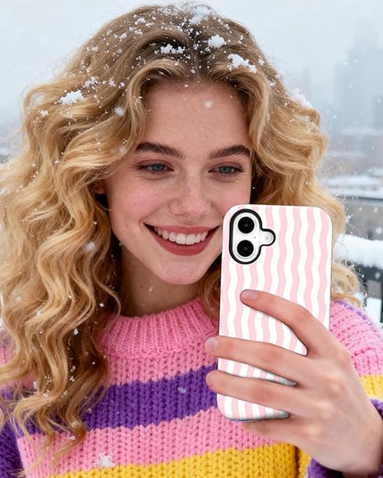 Magnetic for iPhone 16 Case Cute Wavy Stripes Phone Case, Shockproof Slim TPU and Hard PC Protective Phone Cover Compatible with MagSafe Designed for Women Girls, Pink