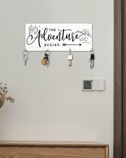 Yhtmbf The Adventure Begins Wooden Key Holder for Wall - 5"x10" Key Organizer Hanger with 4 Hooks for Home Front Door Hallway Entryway Kitchen - Home Office Decor & Housewarming Gifts Supplies - A02
