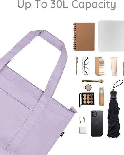 Eco Right Canvas Tote Bag for Women with Zip & Inner Pocket, 100% Organic Cotton Tote Bags for Men, Shopping, Beach