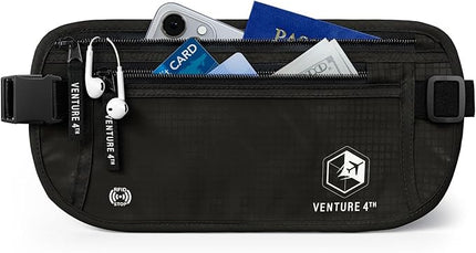 VENTURE 4TH Money Belt for Travel – Hidden Under-Clothes RFID Blocking Passport Holder & Slim Travel Wallet Pouch for Men & Women to Protect Cash, Cards & Documents (Pure Black)