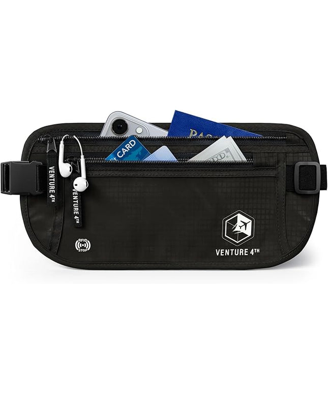 VENTURE 4TH Money Belt for Travel – Hidden Under-Clothes RFID Blocking Passport Holder & Slim Travel Wallet Pouch for Men & Women to Protect Cash, Cards & Documents (Pure Black)