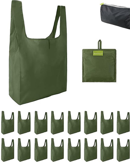BeeGreen Green Reusable Grocery Bags Wholesale Green Reusable Kitchen Bags Bulk Foldable-Machine Washable with Zipper Storage Pouch 20 Packs