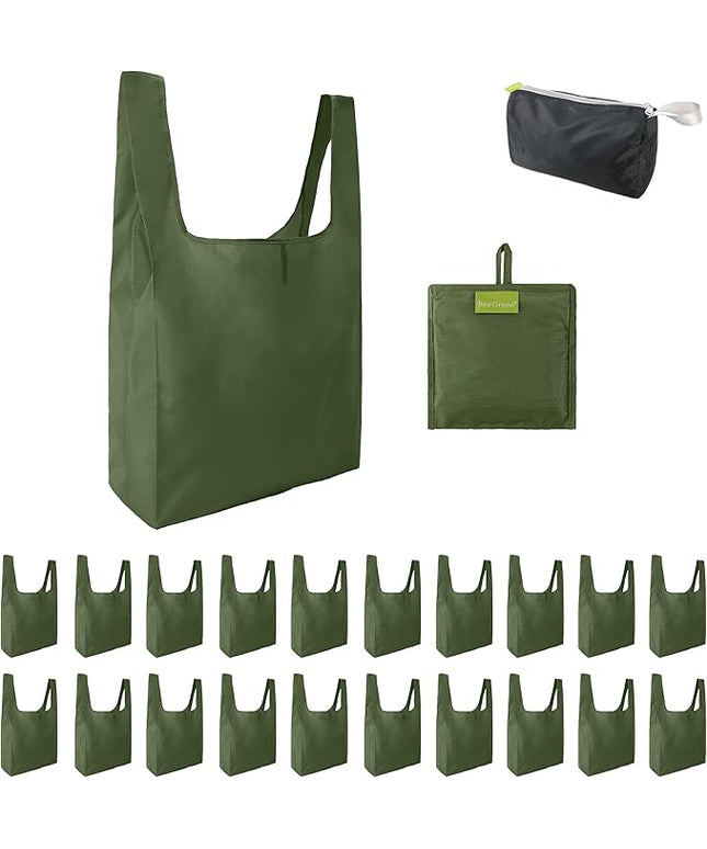 BeeGreen Green Reusable Grocery Bags Wholesale Green Reusable Kitchen Bags Bulk Foldable-Machine Washable with Zipper Storage Pouch 20 Packs