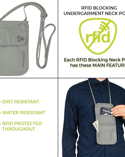 Travelon Rfid Blocking Undergarment Neck Pouch Travel Wallet, Gray, One Size