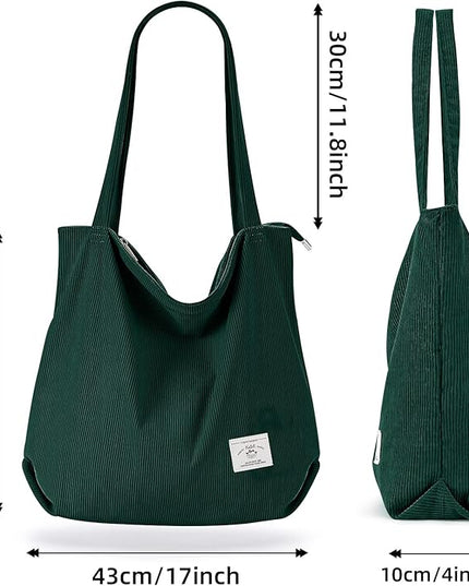 KALIDI Women Corduroy Tote Bag Zipper Casual Tote's Handbag Big Capacity Shoulder Bag with Pockets