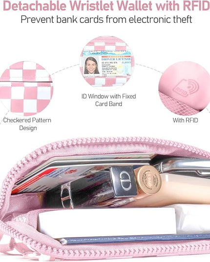 Clip and Go Strap for Phone with Wallet Crossbody Phone Lanyard and Detachable Checkered Bag with ID Window and RFID Pouch for Daily Travel.