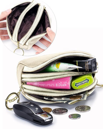 LINNO 3 Zippered Genuine Leather Coin Purse Triple Capacity Change Pouch Little Travel Wallet With Key Ring for Women