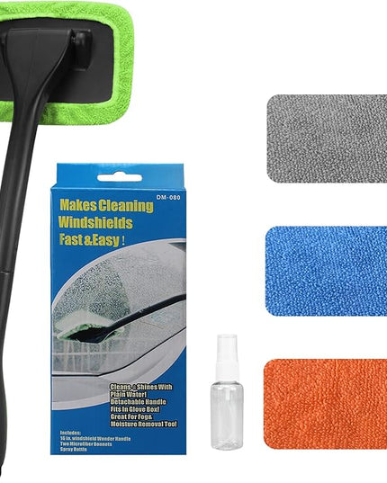 Car Windshield Cleaning Tool, Windshield Cleaner with 4 Washable and Reusable Microfiber Pads and Extendable Handle, for Auto Glass Wiper