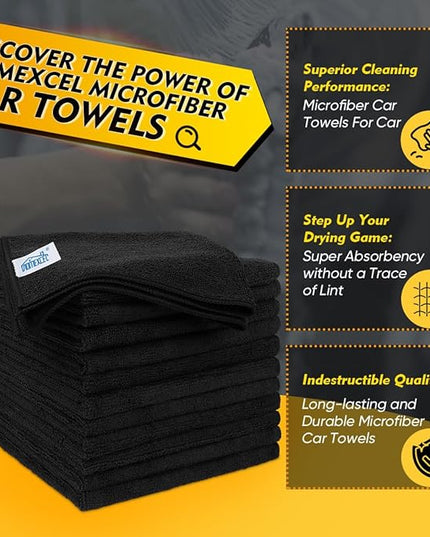 HOMEXCEL Microfiber Cleaning Cloths 12 Pack, Premium 16 x 16 inch Microfiber Towel for Cars, Ultra Absorbent Car Washing Cloth, Lint Free Streak Free Wash Cloths for Car, Kitchen, and Window, Black