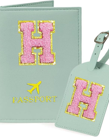 COSHAYSOO Initial Passport Cover Luggage Tag Set Letter Passport Holder Airplane Cruise Travel Essentials Vacation Traveling Accessories Personalized Gifts for Women Teen College Girls Teal H