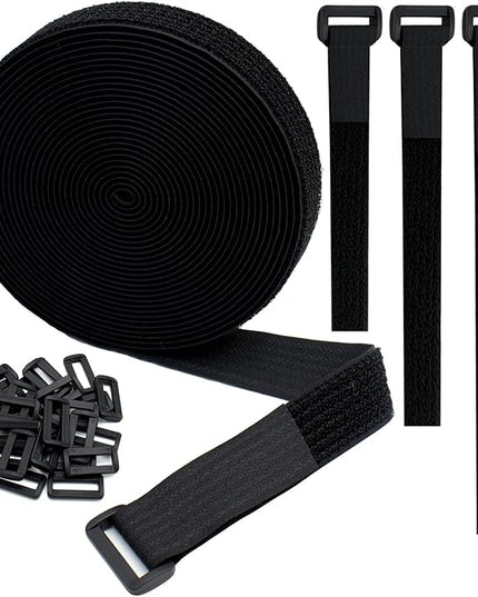 1"x20FT Hook and Loop Straps, with 30 Plastic Buckles, Adjustable Fastening Cable Straps, Cut-to-Length Cinch Strap, Reusable Nylon Securing Cord Ties for Organizer or Storage - Black