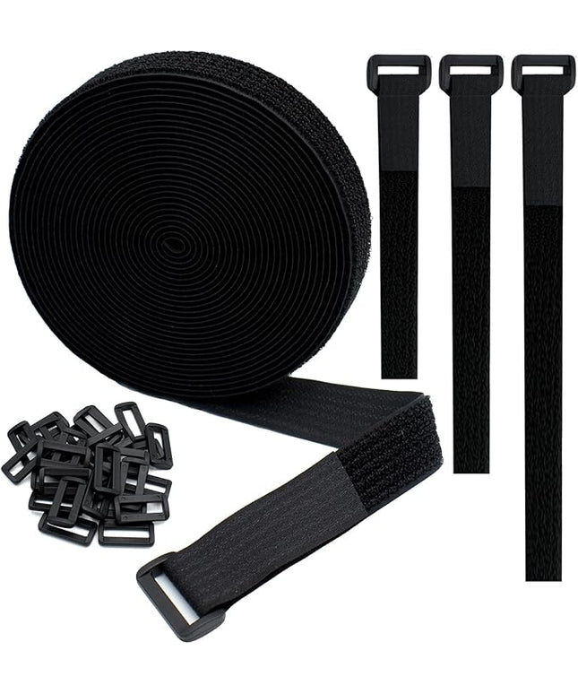 1"x20FT Hook and Loop Straps, with 30 Plastic Buckles, Adjustable Fastening Cable Straps, Cut-to-Length Cinch Strap, Reusable Nylon Securing Cord Ties for Organizer or Storage - Black