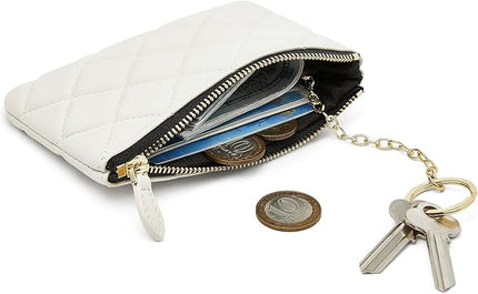 DORIS&JACKY Soft Lambskin Leather Coin Purse Small Quilted RFID Blocking Top Zipper Wallet With Key Chain