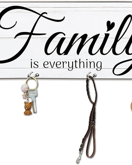 MBYHP Wooden Key Holder with 4 Hooks - Family is Everything Decorative Key Organizer for Wall - Home Office Kitchen Hallway Entryway Wall Decor for Keys, Dog Leash Hanging - A06