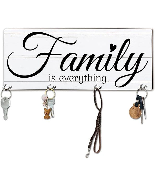MBYHP Wooden Key Holder with 4 Hooks - Family is Everything Decorative Key Organizer for Wall - Home Office Kitchen Hallway Entryway Wall Decor for Keys, Dog Leash Hanging - A06