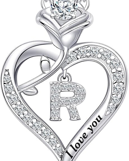 Rose Heart Pendant Necklace Gifts for Wife, Engraved 'I love you' Gift for Wife Girlfriend, Anniversary Birthday Eternity Jewelry Present for Women, Moissanite Necklace Gift for Her