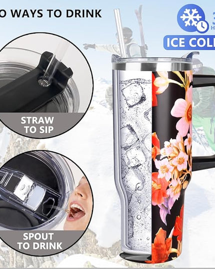 SYACOT 40 oz Tumbler with Handle and Straw Stainless Steel Insulated Tumbler Leak Proof Lid and Straw Lid Reusable Travel Mug Coffee Mug Cup Dishwasher Safe Keep Drinks Cold and Hot (Jasmine)