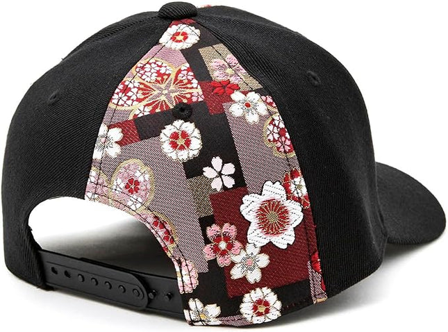 W@nderFabric Traditional Japanese Kimono Baseball Cap, Embroidered Pattern, Adjustable Snapback Flat Brim, 6-Panel Cap
