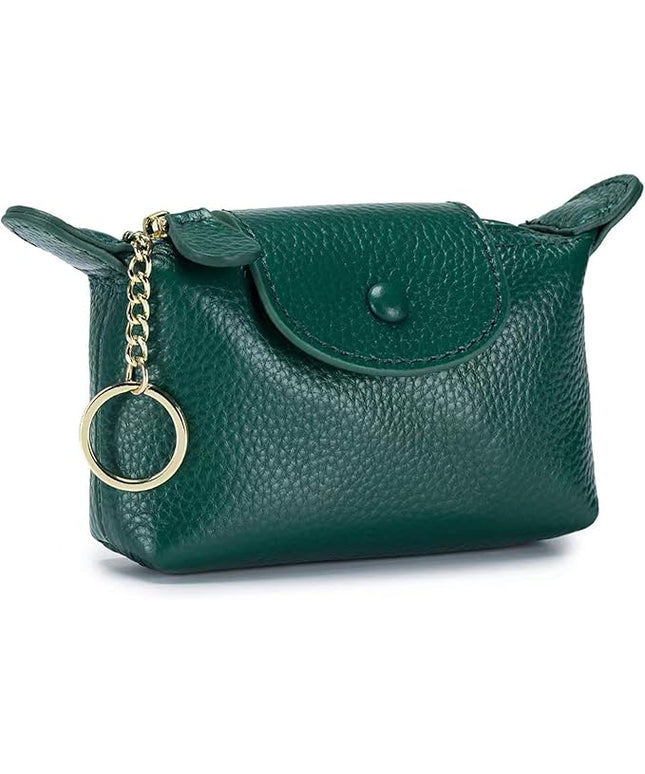 Plinvo Vintage Genuine Leather Coin Purse Keychain for Women Mini Zip Wallet Change Pouch Black (Green)