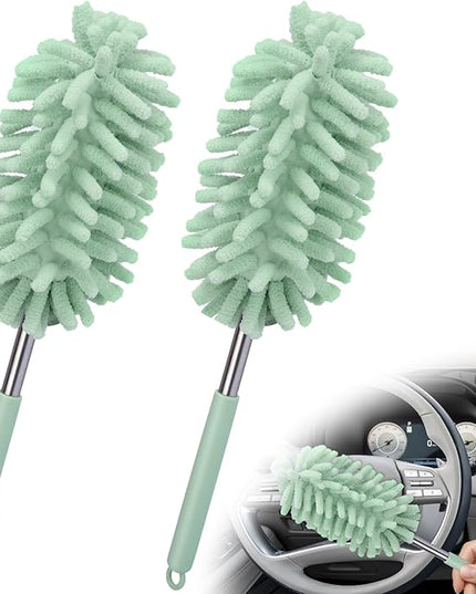 2 PCS Car Interior Duster with Extension Pole, Microfiber Car Dusters with Bendable Head, Cars Dusters Exterior&Interior Scratch Free, for Cleaning of Vehicle Details, Offices, Window (Light Green)