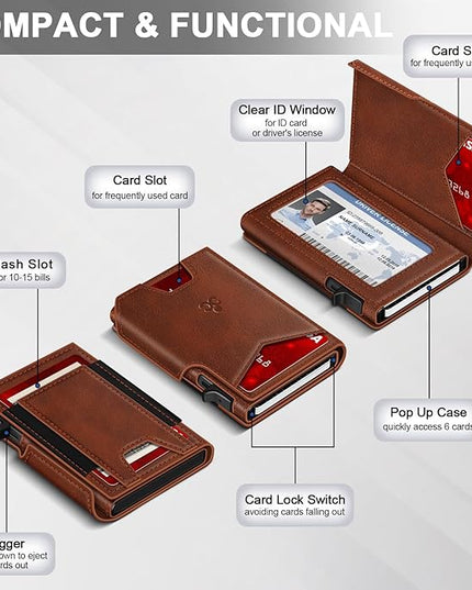 Wallet for Men Wallet with Slim Pop Up Card Holder 9-13 Cards, Bifold Minimalist Smart Wallet RFID Blocking Credit Card Holder with ID Window & Stretchable Cash Slot Compact Metal Aluminum Card Case