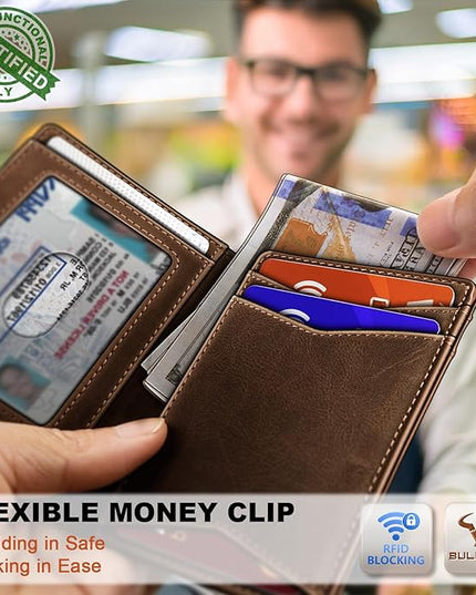 BULLIANT Men Wallet,Top Grain Leather Slim Wallet Magnetic Closure Simplifed Bill Folder RFID Blocking 11Cards