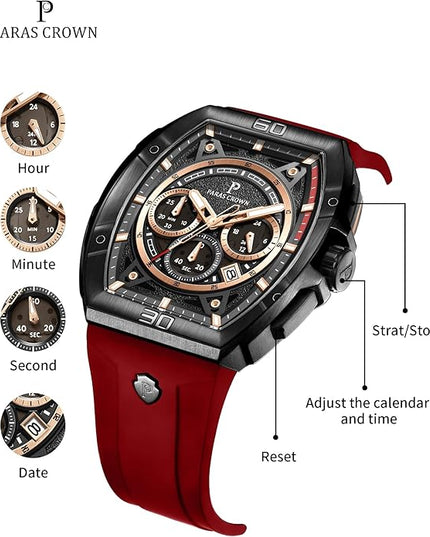Paras Crown Watches for Men Tonneau 5ATM Waterproof Quartz Luxury Chronograph Analog Men's Wrist Watches Stainless Steel Case Mens Watches
