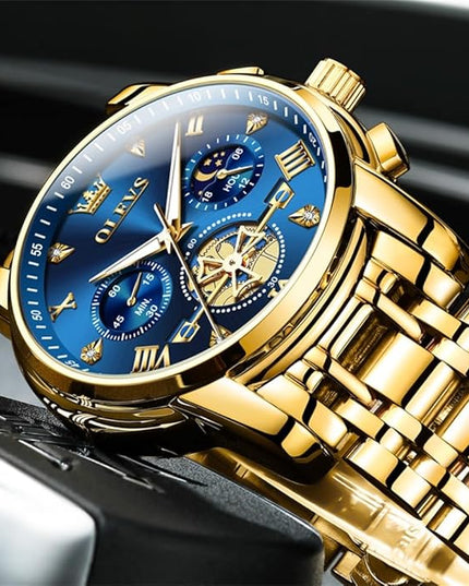 OLEVS Mens Watches Chronograph Watch Luxury Dress Stainless Steel Waterproof Watches for Men Moon Phase Luminous Business Calendar Wrist Watch Blue/Black/Green/Gold/Face