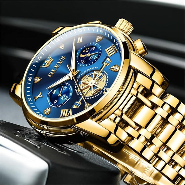OLEVS Mens Watches Chronograph Watch Luxury Dress Stainless Steel Waterproof Watches for Men Moon Phase Luminous Business Calendar Wrist Watch Blue/Black/Green/Gold/Face