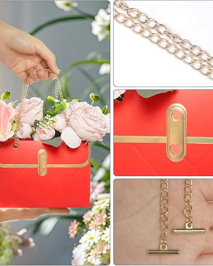 JHXTZ 10 Pack Flower Paper Gift Bags with 12pcs Gold Dazzle 3D Butterfly Decoration, Portable Floral Handbag Box with Metal Chain, Florist Carrier for Valentine's Day Birthday Gifts(Red)