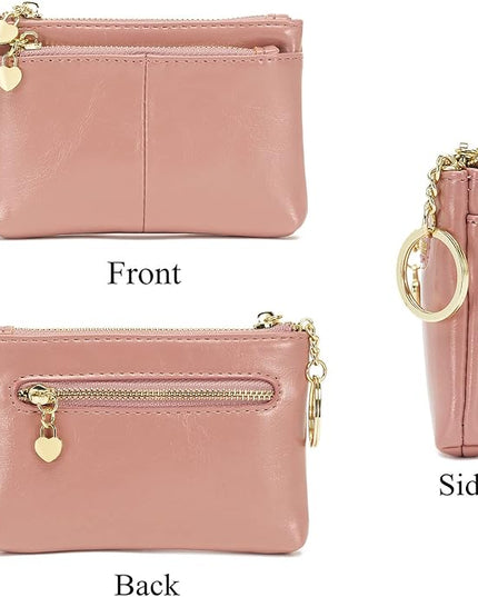 ZOOEASS Women PU Leather Zip Mini Coin Purse With Key Ring Triple Zipper Card Holder Wallet (Pink)