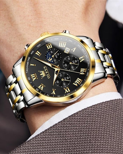 OLEVS Mens Watch Luxury Big Face Stainless Steel Analog Quartz Multifunctional Waterproof Luminous Date Two Tone Fashion Dress Wrist Watches for Man