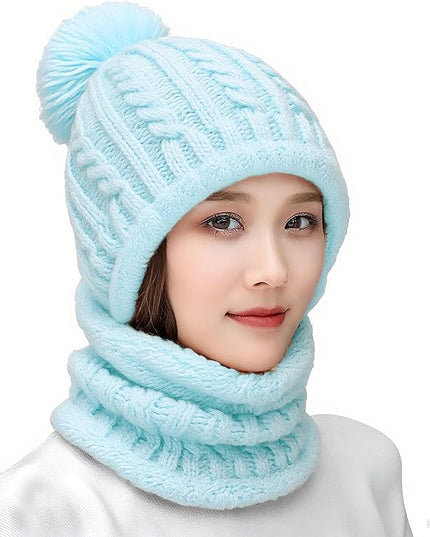 HUAMULAN Women Winter Beanie Hats One Piece Fleece Lined Knit Balaclavas Mask Set Skull Neck Circle Scarf Ski Snow Hat Pompom
