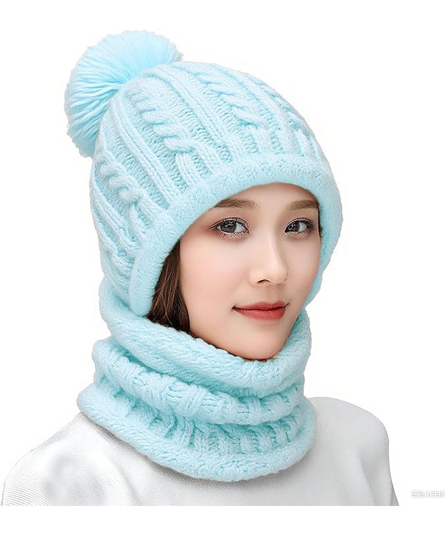 HUAMULAN Women Winter Beanie Hats One Piece Fleece Lined Knit Balaclavas Mask Set Skull Neck Circle Scarf Ski Snow Hat Pompom