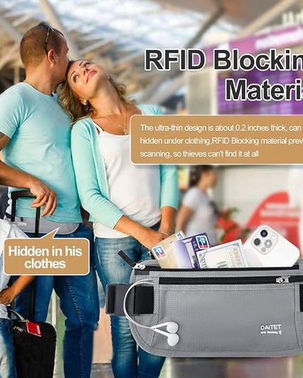 RFID Blocking Money Belt for Men Women, Slim Fanny Pack For Travel，Running,Conceal Waist Wallet For Passport Holder,Phone,Cash(Black Light Grey)