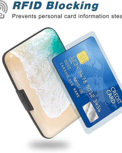 Atufsuat Credit Card Holder, Mini Aluminum Card Wallet RFID Blocking Slim Metal Hard Card Case for Women Men, Beach