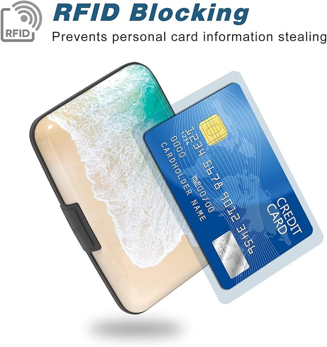 Atufsuat Credit Card Holder, Mini Aluminum Card Wallet RFID Blocking Slim Metal Hard Card Case for Women Men, Beach