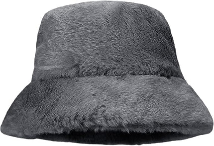 Women Plush Fluffy Bucket Hat Warm Lining Winter Faux Fur Cozy Wide Brim Winter