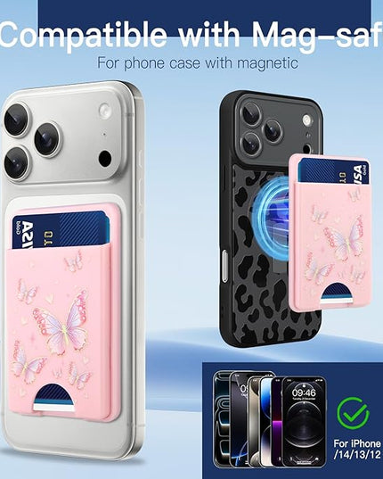 Stronger Magnetic Card Slot Wallet for iPhone 17/16/15/14/13/12 Series (Not for 13/12 Mini), Butterfly Pattern Hard Card Holder Fit 3 Cards Compatible with Magsafe Accessories, Pink