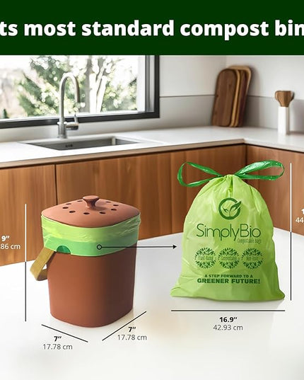 Simply Bio 3 Gallon Compostable Trash Bags Liners Drawstring, Heavy Duty Extra Thick 1 Mil, 11.36 Liter, 50 Bags, Small Kitchen Food Scrap Waste Bag, ASTM D6400, US BPI and OK Compost Home Certified