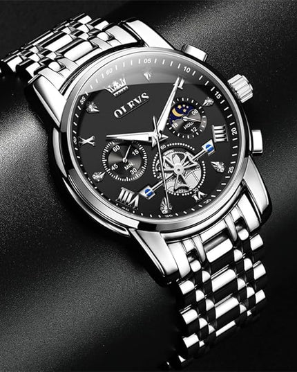 OLEVS Mens Watches Chronograph Watch Luxury Dress Stainless Steel Waterproof Watches for Men Moon Phase Luminous Business Calendar Wrist Watch Blue/Black/Green/Gold/Face