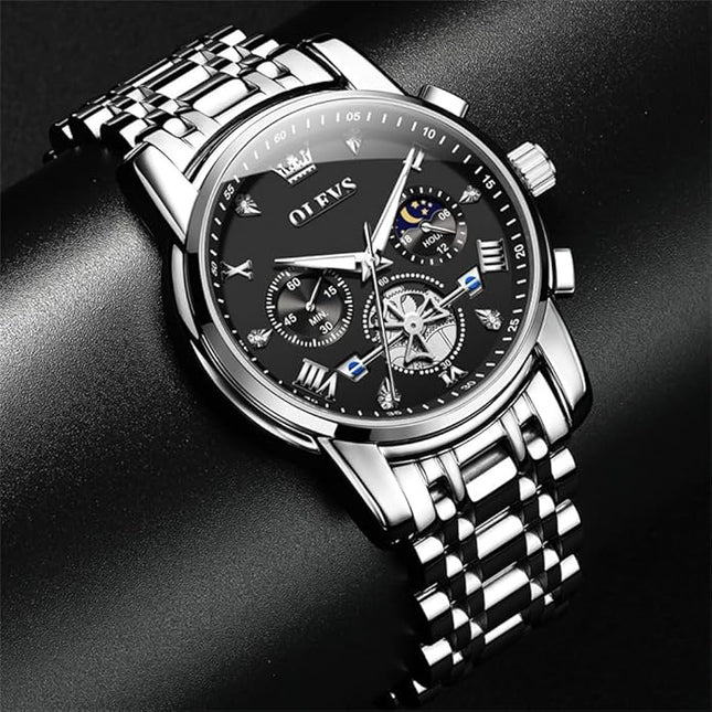 OLEVS Mens Watches Chronograph Watch Luxury Dress Stainless Steel Waterproof Watches for Men Moon Phase Luminous Business Calendar Wrist Watch Blue/Black/Green/Gold/Face
