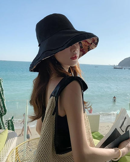 HUAMULAN Women Summer Sun Hat Wide Brim Wired Edge Floral Beach Bucket Hats Reversible Foldable Travel UV Protection Lady Hat