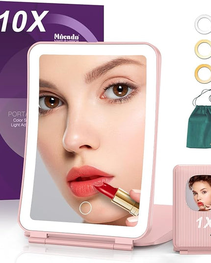 Mocado Travel Makeup Mirror with Light, 1x/10x Magnifying Mirror with Light, 3 Colors Lighted Magnifying Mirror, 2000mAh Rechargeable Lighted Makeup Mirror, Dimmable Touch, Memory Function (Pink)