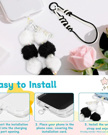 2 Pcs Phone Charm Wrist Strap with Tether Tab, Double Anti Lost Fluff Ball Beaded Wrist Lanyard, Detachable Leather Phone Charms for Bag, Key Chains, Camera Decor